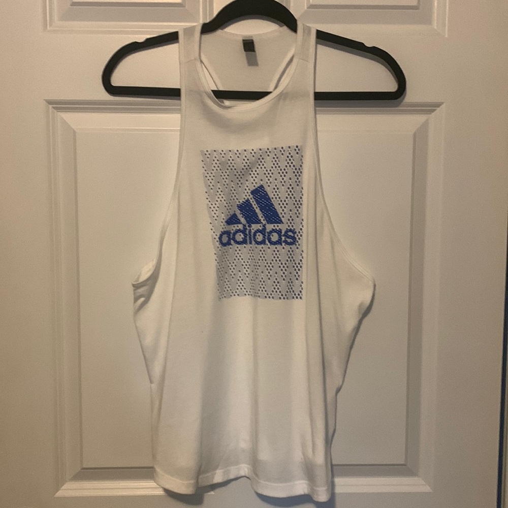 Adidas Women’s Size L White with blue design Racerback Tank Top